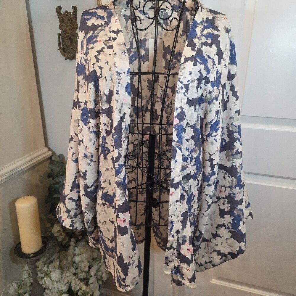 SIM & SAM Floral Kimono Sleeve Chiffon Open Cardigan Size S/M Cinched Waist NWT